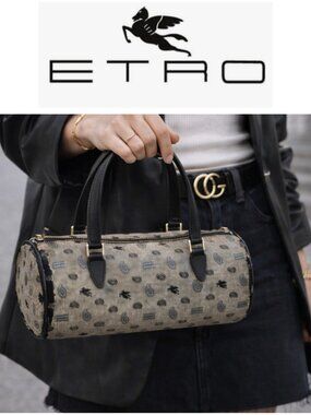 Etro Rare Vintage Mini Barrel Bag Paisley Canvas Leather Italy Small Top Handle